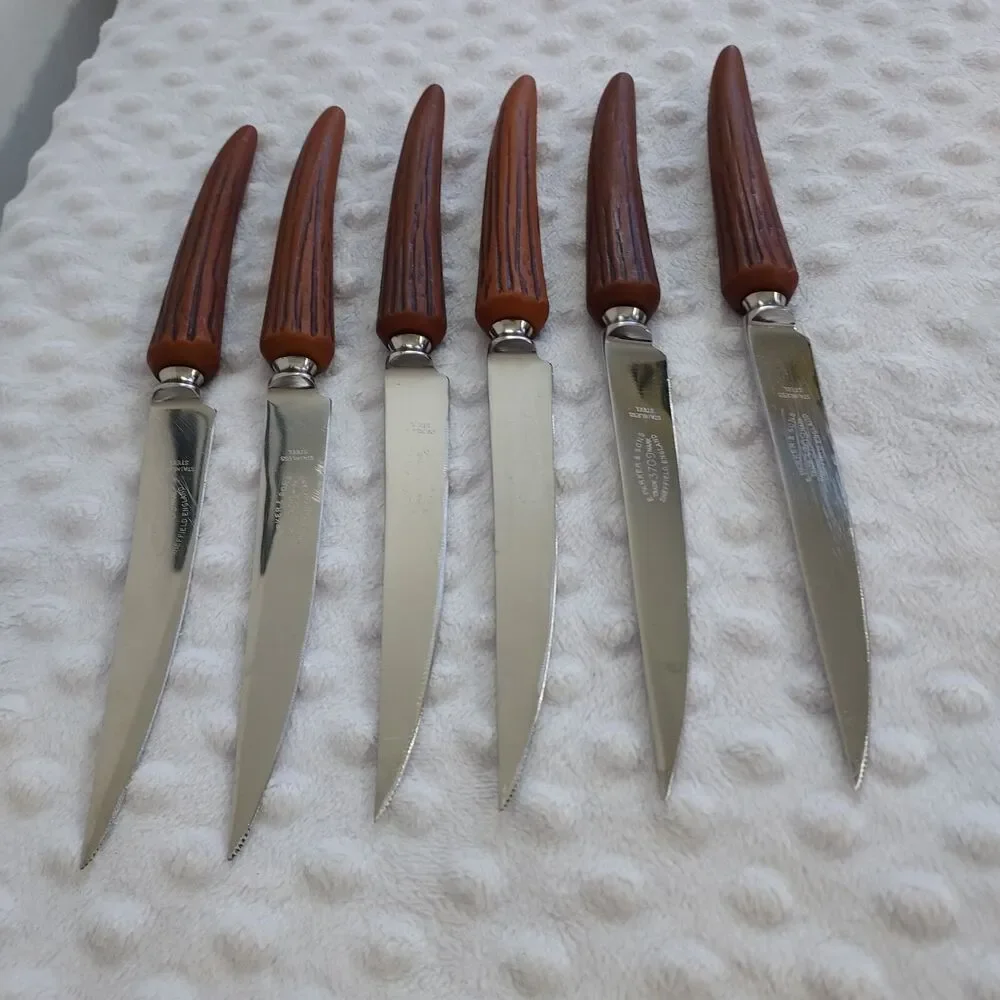 Vintage E Parker And Sons 3709 Sheffield England Horned Steak Knife Set Of 6
